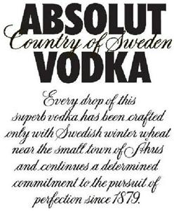 ABSOLUT VODKA Country of Sweden Every drop of this superb vodka has been crafted only with Swedish winter wheat near the small town of Åhus and continues a determined commitment to the persuit of perfection since 1879 - לוגו סימן מסחר רשום